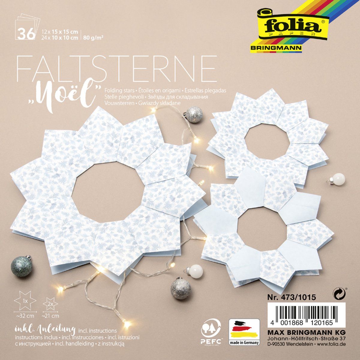 Folia 471/1015 D. Meissner Set, vouwsterren knutselset met 36 vellen (80 g/m2), voor een grote en 2 kleine sterren, met handleiding, voor tijdloze decoratie, roodtinten, één maat