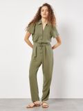 Apricot Jumpsuit Kaki Korte Mouw Knopen Vrouwen XS