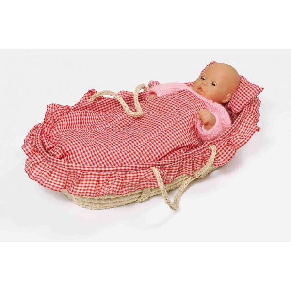 Goki POPPENMANDJE met lakentjes ROOD GERUIT 60x29cm 2