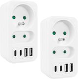 Maclean MCE249 F/W - Set van 2 stuks Stekker -stroomaansluiting x2 + 4xUSB, splitter met 2 aansluitingen, 2xUSB A, 2xUSB C PD 20W, 1x16A + 1x6A - Wit
