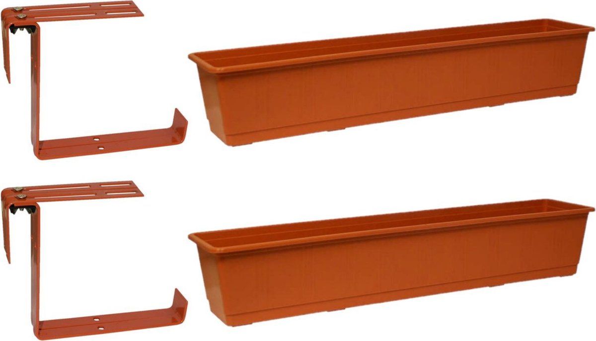 Geli Set van 2 plantenbakken terracotta rechthoekig 80 cm met 4 verstelbare railing beugels