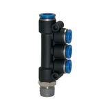 Riegler T-meervoudige verdeler »Blaue serie« draaibaar, R 3/8 a., voor slang-buiten-Ø 1x10/3x8 mm, werkdr. Maximale 15 bar, kunststof/MS vern.