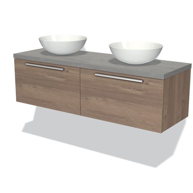 Maxaro Badkamermeubel Modulo Plato 140cm Middenbruin Eiken 2 Lades Lichtgrijs Beton