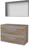 Basic-Line Framed 46 Badkamermeubelset - 100 x 46 cm - Met Grepen - 2 Lades - Wastafelblad - Spiegel met Zwart Aluminium Frame - Scotch Oak