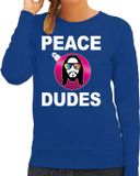 Bellatio Decorations Hippie jezus Kerstbal sweater / kersttrui peace dudes blauw voor dames - Kerstkleding / Christmas outfit XS