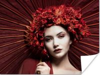 PosterMonkey Poster Vrouw - Rood - Portret - Paraplu - 160x120 cm XXL