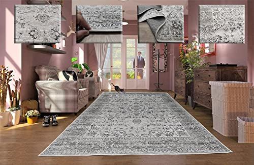 Tadi & Imperio1979 Klassiek zeer dun tapijt voor hal, slaapkamer en hal, traditioneel, elegant, beige, taupe en zilverkleurig.