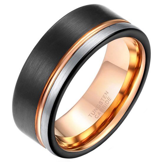 TJ Tom Jaxon Wolfraam heren ring Single Groove Black Rose Silvercolor 8mm-21mm