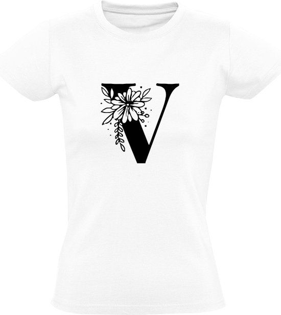 Letter V Dames T-shirt | Hoofdletter V | Alfabet | Wit | 4XL