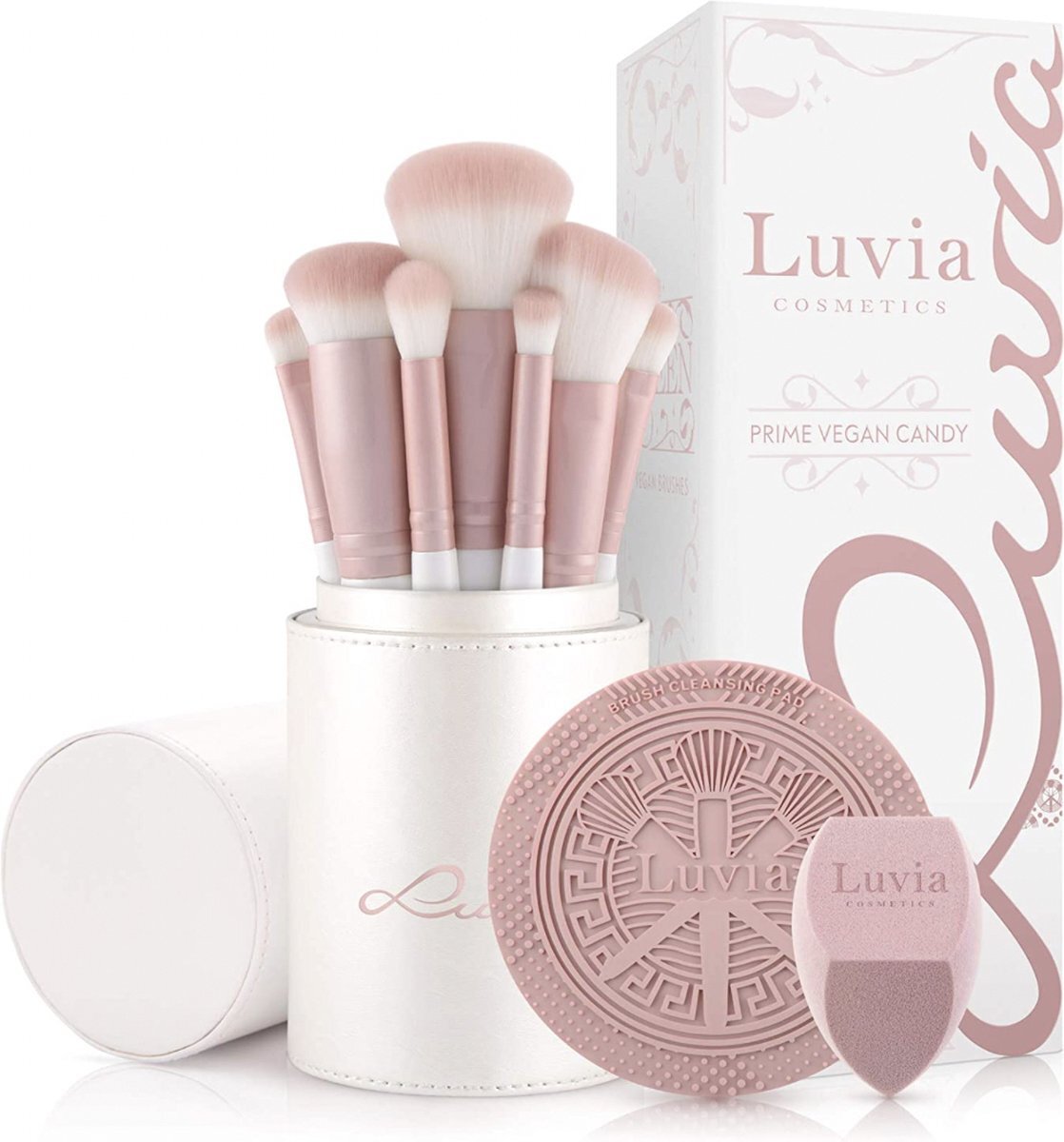 Luvia Cosmetics Luvia, Prime Vegan Pro Make-upkwastenset, Candy, 7 make-upkwasten incl. borstelopslag, blender spons en reinigingsmat voor make-upkwasten, in parelmoer en parelroze