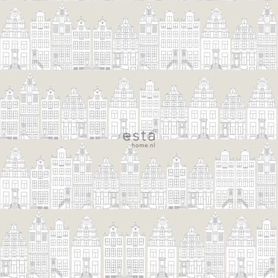 Esta Home HD vlies behang getekende Amsterdamse grachtenhuisjes licht grijs - 138909 van uit Little Bandits