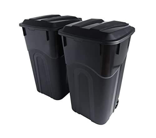 United Solutions 32 Gallon Wheeled Outdoor Trash Can with Attached Snap-On Lid and Heavy-Duty Handles, Black, 2-Pack