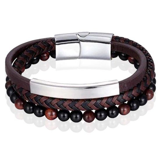 Memphis Heren armband Memphis Tijgeroog kraal gevlochten leer Zilverkleurig Bruin - 21cm