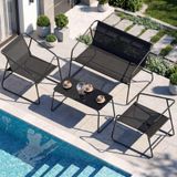 Bol Set de jardin - Ensemble balcon et terrasse 4 pièces - Canapé, 2 fauteuils, table basse pour 4 personnes - Cadre en métal avec revêtement Textilene/Teslin - Résistant aux intempéries - Noir