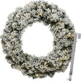 Merkloos Kerstkrans 50 cm - groen met led - besneeuwd - met zilveren hanger/ophanghaak