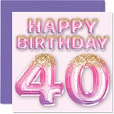 40e Stuff4 40e verjaardagskaart voor vrouwen, roze en paarse glitterballonnen