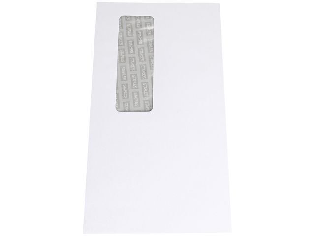 Staples Staples Zakelijke envelop, internationaal DL, 220 x 110 mm, met venster, zelfklevende verzegeling, papier, wit