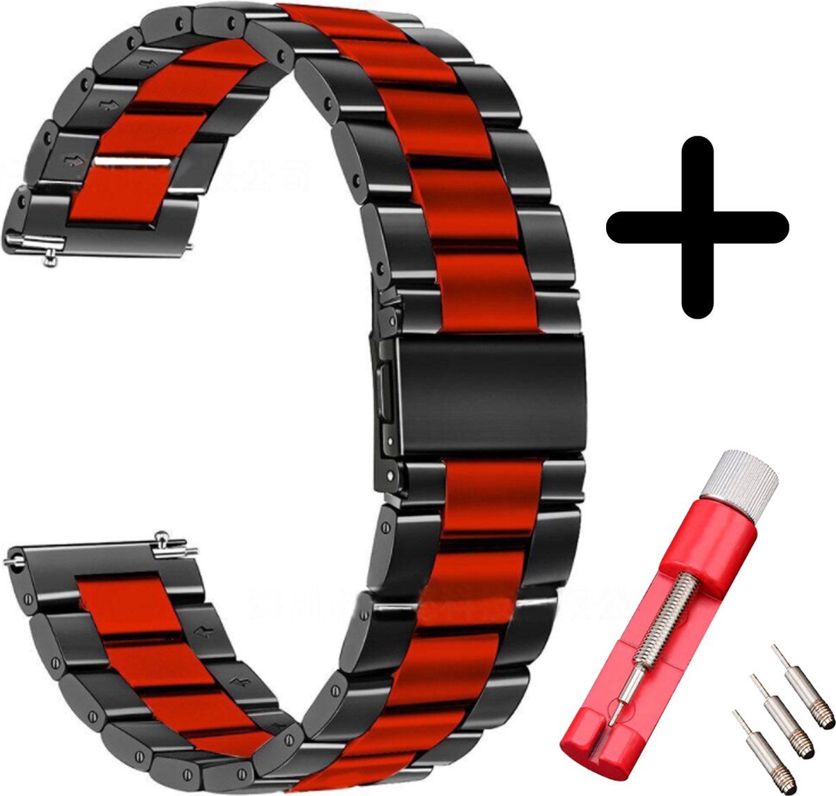 Strap-it Smartwatch bandje staal zwart en rood RVS Stalen schakel bandje geschikt voor Samsung Galaxy Watch 4 40mm & 44mm / Galaxy Watch 4 Classic 42mm & 46mm - metaal / staal