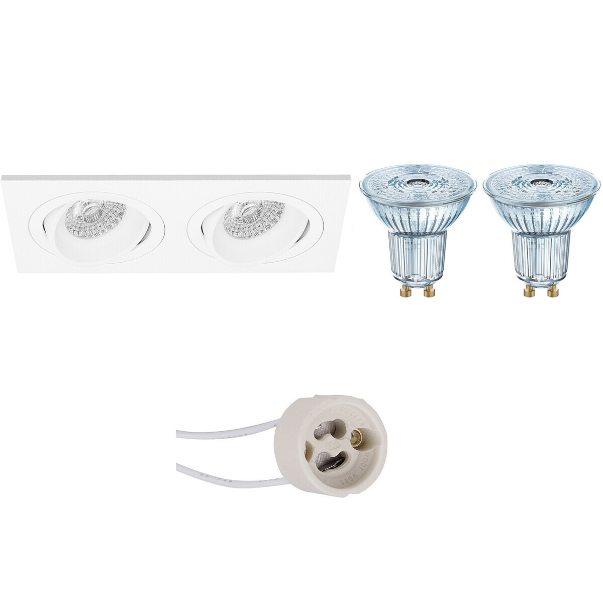 Osram - LED Spot Set - Parathom PAR16 940 36D - Pragmi Borny Pro - GU10 Fitting - Dimbaar - Inbouw Rechthoek Dubbel - Mat Wit - 5.5W - Natuurlijk Wit 4000K - Kantelbaar - 175x92mm