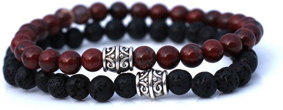 FortunaBeads Basic Set Zwart Lava en Rood Agaat Armbanden – Heren – Natuursteen – Medium 18cm