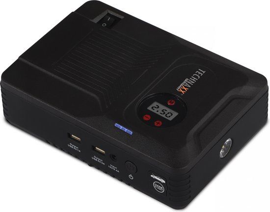 Technaxx TX-219 - 4 in 1 Multifunctionele Jumpstarter, Acculader, Compressor en Powerbank - 14000mAh batterij - LED lamp - 3.5Bar Compressor - USB uitgangen - Geschikt voor Auto - Zwart