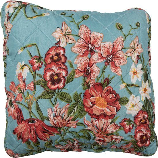 Clayre & Eef Kussenhoes 40x40 cm - Blauw Roze Katoen Bloemen Sierkussenhoes