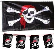 Boland Piraten feestje/verjaardag versiering set 2x vlaggenlijnen en een grote piratenvlag 90 x 150 cm