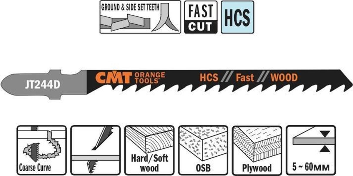 CMT 5 messen x decoupeerzaagbladen hout HCS 100 x 4 5.2 x 6tpi (gebogen/ruw) jt244d-5