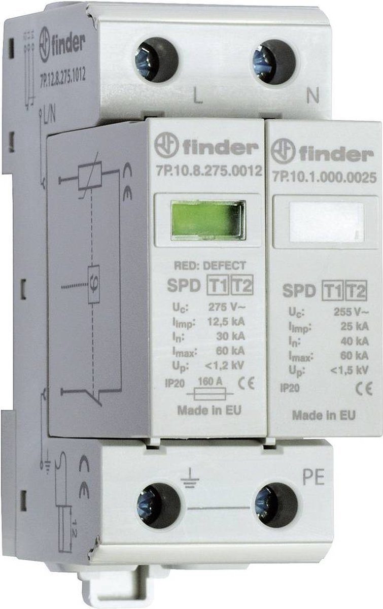 FINDER 7P1282751012 overspanningsbeveiliging, type 1, voor een- en driefasige netten, te gebruiken tussen L-N, met varistor, vonkafstand