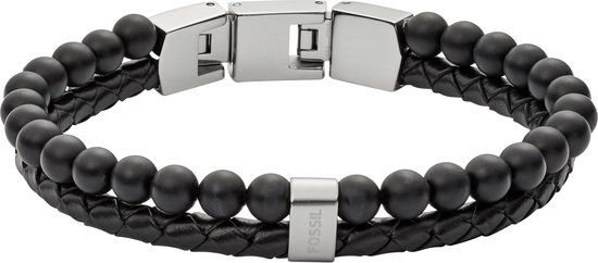 Fossil Vintage Casual JF02763040 Herenarmband - Leer, Zwart, Zilver