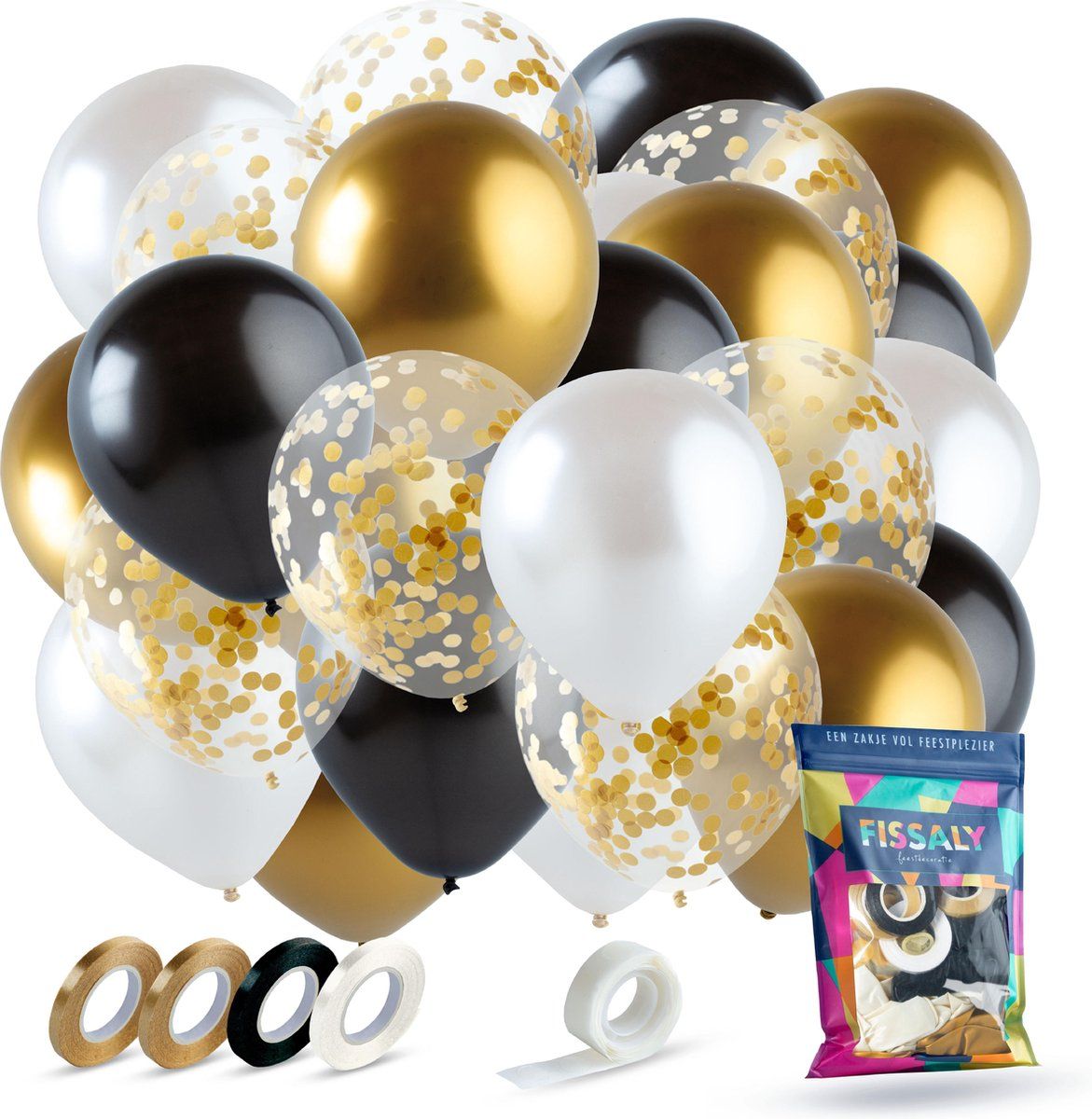 Fissaly Fissaly® 40 stuks Goud, Zwart & Wit Helium Ballonnen met Lint - Goud