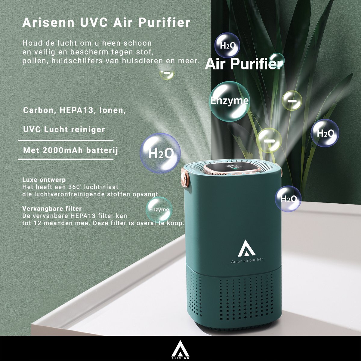 ARISENN Arisenn® Aromatherapie HEPA13 Ionen Luchtreiniger - Air Purifier - Luchtreiniger inclusief HEPA 13 (medisch) + 2000mAh accu + Actieve Koolstof - Vervangbaar HEPA Filter - IO-TH13-Carbon-V2 - UPGRADED versie