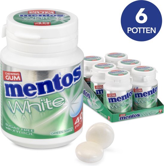 Mentos Gum White Green Mint, suikervrije kauwgom – verpakking van 6 potjes met 40 kauwgoms, muntsmaak voor een frisse adem