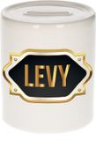 Bellatio Decorations Shoppartners Bv Spaarpot met voornaam Levy - wit - met goud/zwart embleem - 8 x 9 cm - keramiek - met afsluitdop - cadeau verjaardag