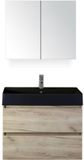 BES LED Maxx XL Badmeubelset 80 cm - Craft Oak - Wastafel Kube Zwart 1 Kraangat met Spiegelkast