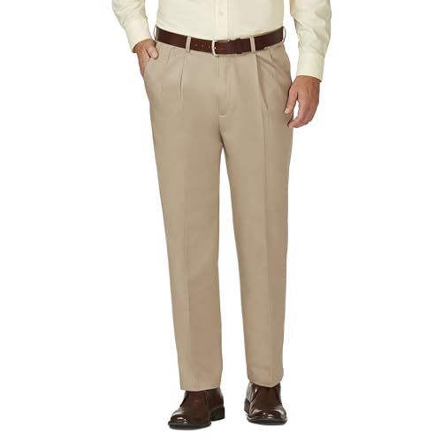 Haggar Men's Work-to-Weekend No-Iron Pleated Front Pant with Hidden Expandable Waistband, Khaki, 34W / 30L