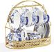 Goodivery - Theeservies Set - Bleu Porcelaine à Fleurs avec Support Métallique - Tasse à Café en Porcelaine Vintage - Bleu