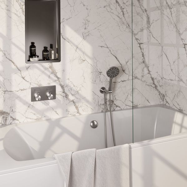 BRAUER Brushed Carving thermostatische inbouw badkraan - drukknoppen SET 04 - badvulcombinatie - 3 standen handdouche - doucheslang - wandaansluitbocht - RVS geborsteld PVD 5-NG-213