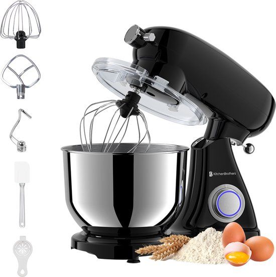 KitchenBrothers Keukenrobot - Keukenmachine - 6,2L Mengkom - 1800W - Keukenmixer - Aluminium - Zwart