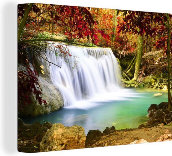 OneMillionCanvasses Canvas schilderij 160x120 cm - Herfst Waterval - Natuur - Muurdecoratie