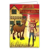AFIE Kaart pailletten Happy Birthday meisje cowgirl paard envelop geel 12 x 17,5 cm kostuum hoed cowboy laarzen santiags sjaal country ranch saloon western wild west 67-1089-A