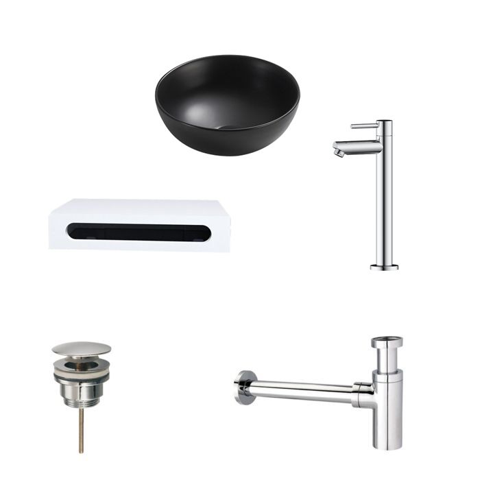 Zwarte Ronde Keramische Waskom met Solid Surface Planchet - 40x22x8 cm