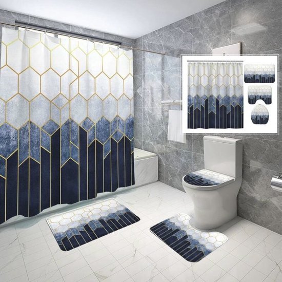 shopproducts Luxe badkamer set- Set van 4 - Douchegordijn 180x180 - Badmatten set - Wc mat - Toiletbril hoes - Toiletmat - Badkamer mat 50x 80 - Wit met blauwe details - Antislip - Zacht - Kwaliteitsmat - Luxe design