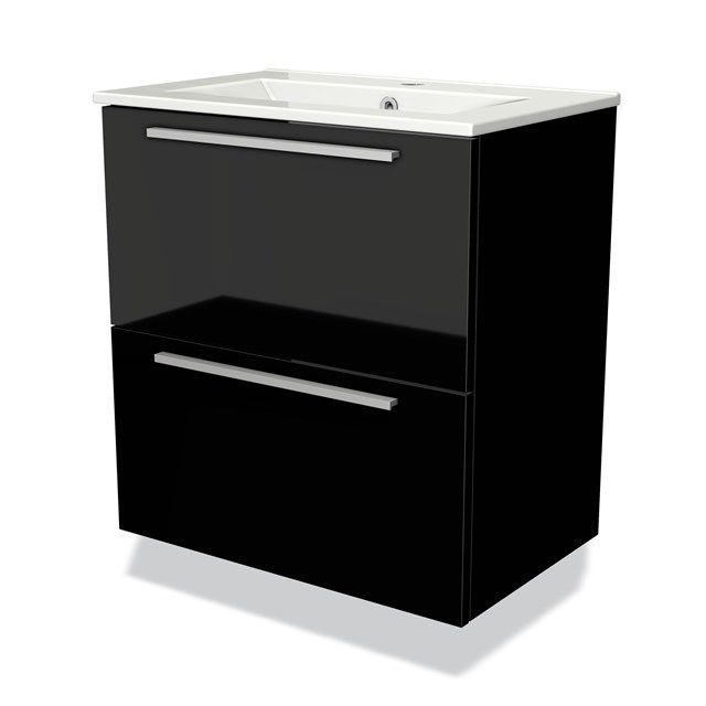 Maxaro Badkamermeubel 60cm Modulo Slim Hoogglans Zwart 2 Lades Vlak Wastafel Keramiek