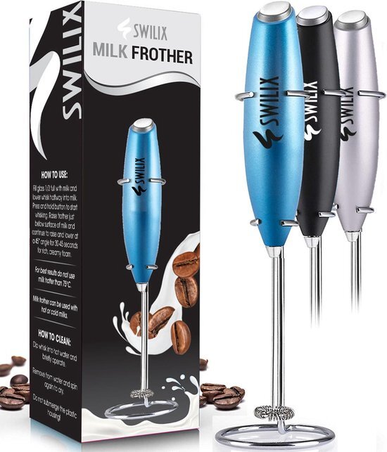 SWILIX ® Melkopschuimer met RVS Houder - Handmatige Melk Opschuimer - Elektrisch - Blauw