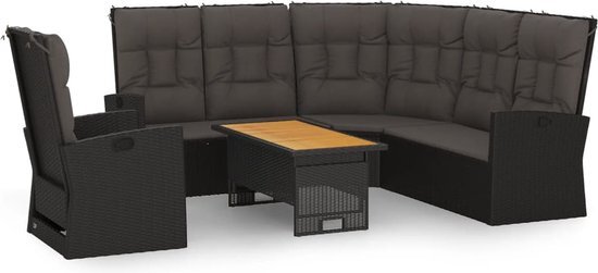 vidaXL 3-delige Loungeset met kussens poly rattan zwart