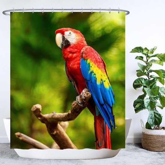 Ulticool Douchegordijn, papegaai vogeldieren, natuur, 180 x 200 cm, wasbaar, schimmelwerend, met 12 ringen, groen
