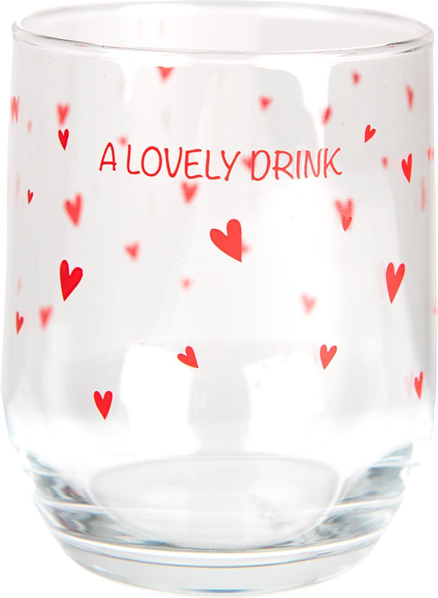 Clayre & Eef Waterglas Ø 8*9 cm / 300 ml Transparant Rood Glas Rond Hartjes Drinkbeker Drinkglas