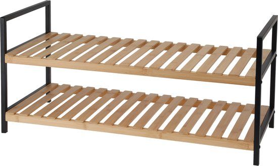 Excellent Houseware Schoenenrek Bamboo 2 Laags Zwarte Metalen Zijkanten