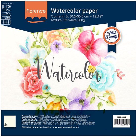 Florence Vaessen Florence Aquarelpapier - Off White - 30,5x30,5cm - 300 grams - Lichte Structuur - 5 vellen